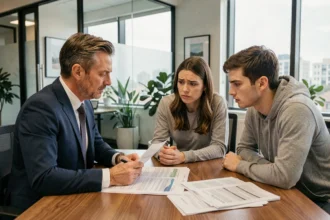 Conseiller immobilier présentant des graphiques de taux d'intérêt à un jeune couple dans une agence immobilière moderne en 2026