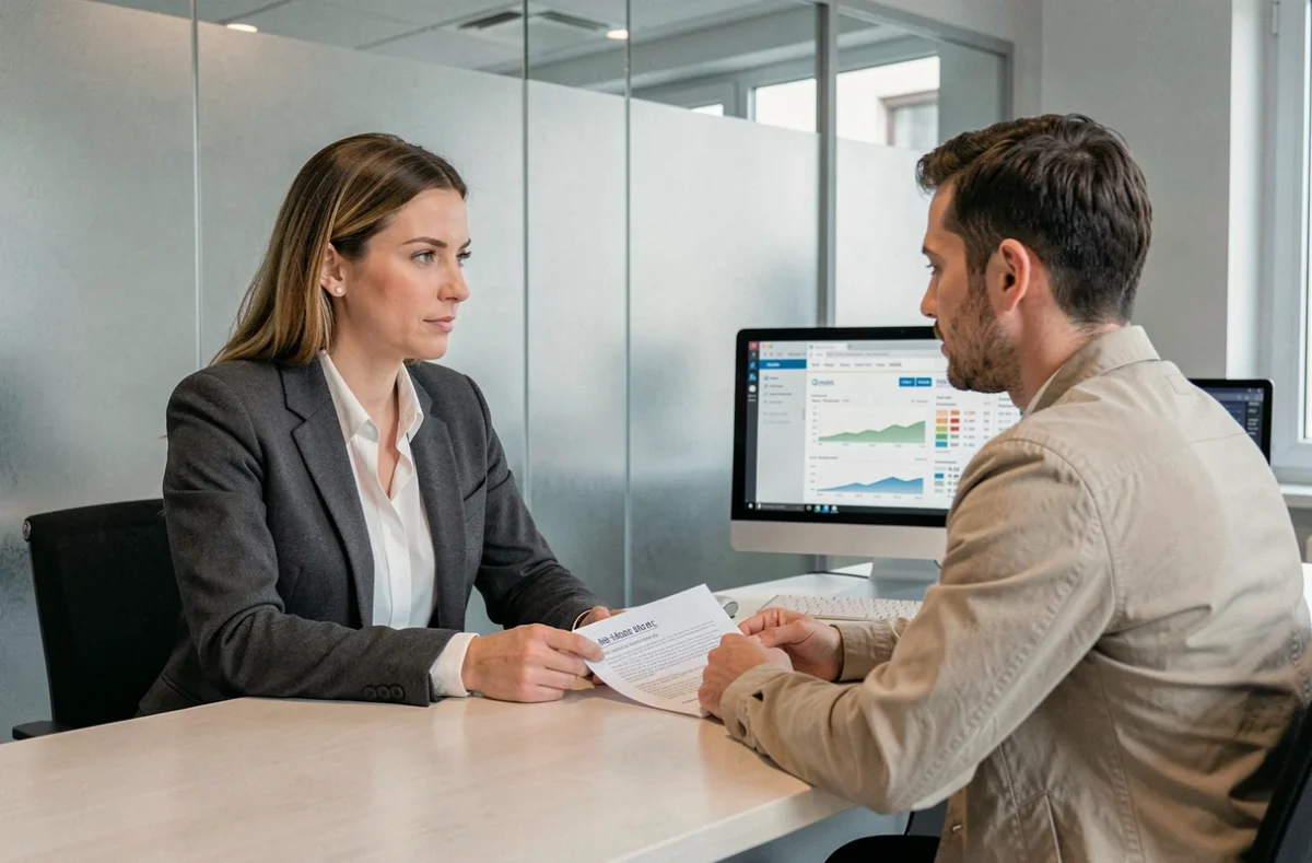 Conseillère bancaire française présentant une offre de taux hypothécaire à un client dans une agence moderne