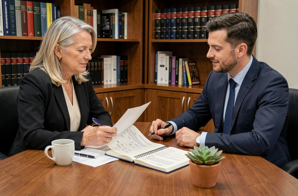 Conseillère financière et chef d'entreprise examinant un pacte d'actionnaires et les pourcentages à céder à un investisseur