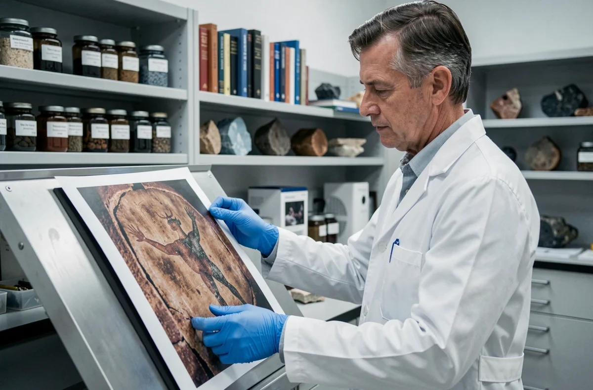 Conservateur de musée analysant une reproduction de peinture rupestre préhistorique dans un laboratoire de conservation