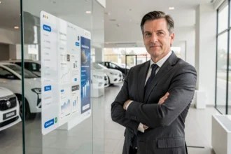 Directeur automobile devant une interface de souscription numérique dans une concession moderne