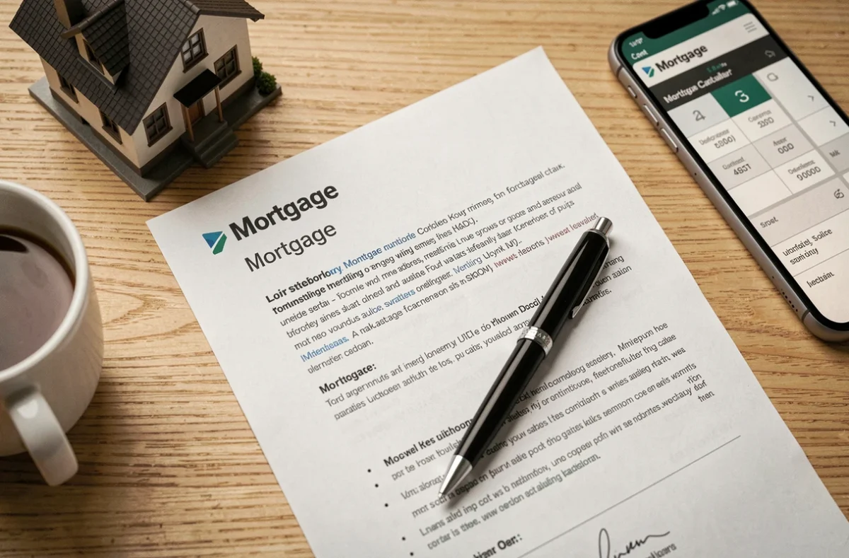 Contrat hypothécaire avec calculatrice et modèle de maison sur une table en bois