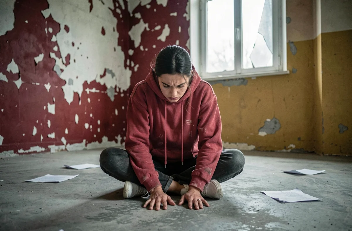 Jeune femme en posture de tension et de rage contenue dans une pièce vide aux murs rouges, évoquant la haine intérieure