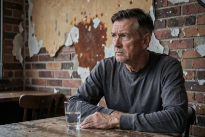 Portrait d'un homme d'âge mûr au regard sombre dans un café délabré, illustrant la haine et les émotions destructrices