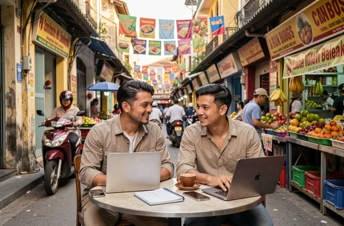 Couple de voyageurs révisant leur budget tour du monde sur des ordinateurs portables dans un café de rue en Asie du Sud-Est