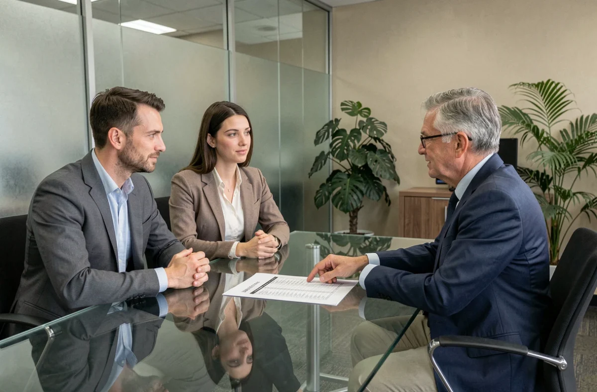 Couple en réunion avec un conseiller bancaire pour discuter du coût d'un prêt immobilier