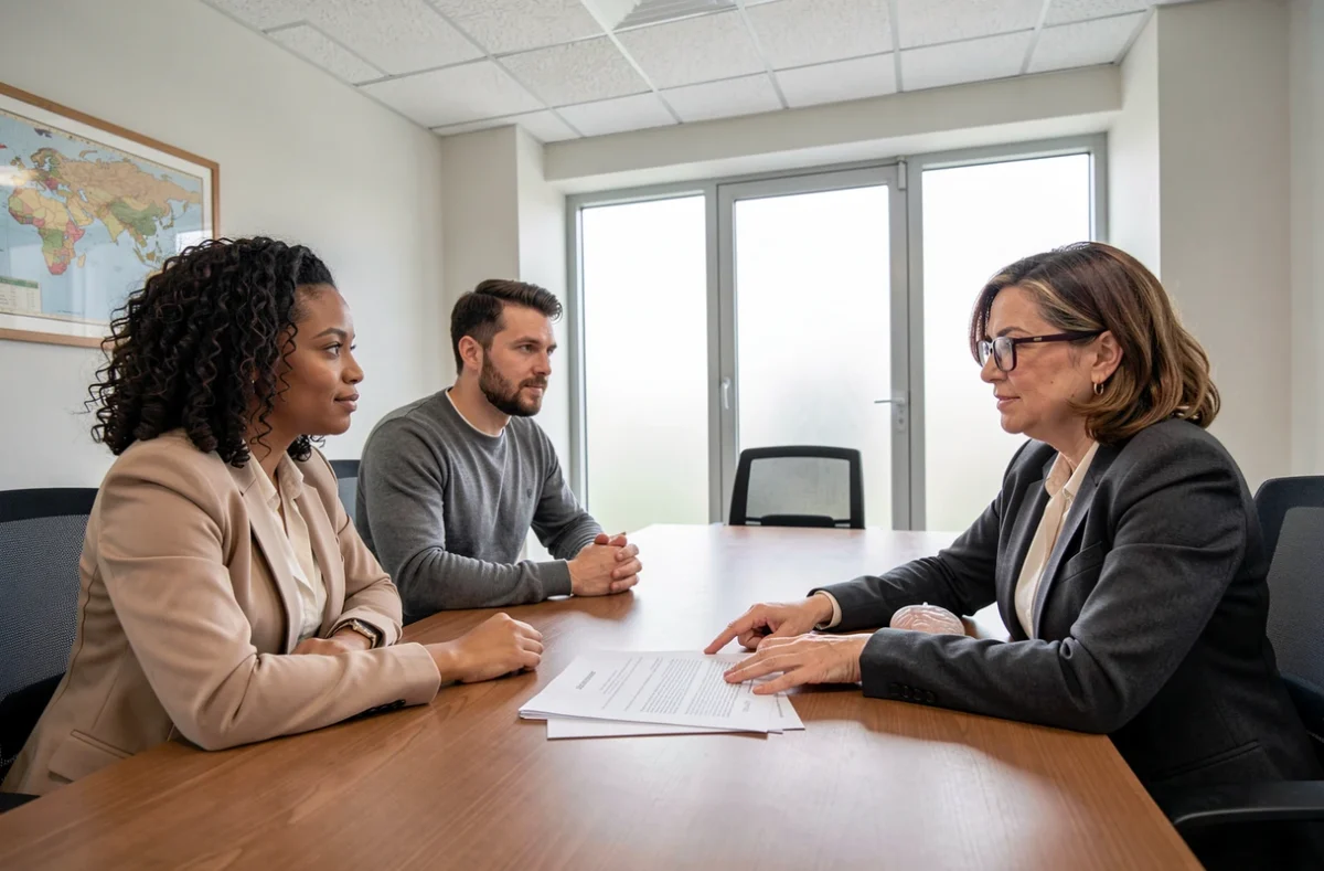 Couple en consultation avec une notaire pour discuter d'un prêt et de documents contractuels
