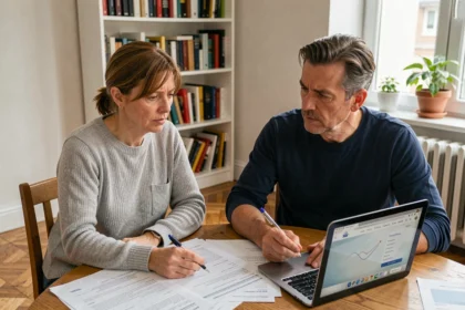Couple français examinant des documents hypothécaires sur une table en bois dans un appartement parisien