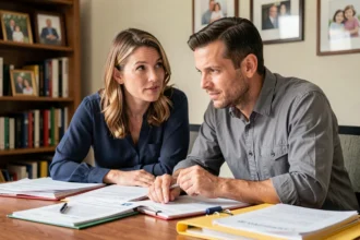 Couple examinant des documents administratifs pour une procédure d'adoption en France