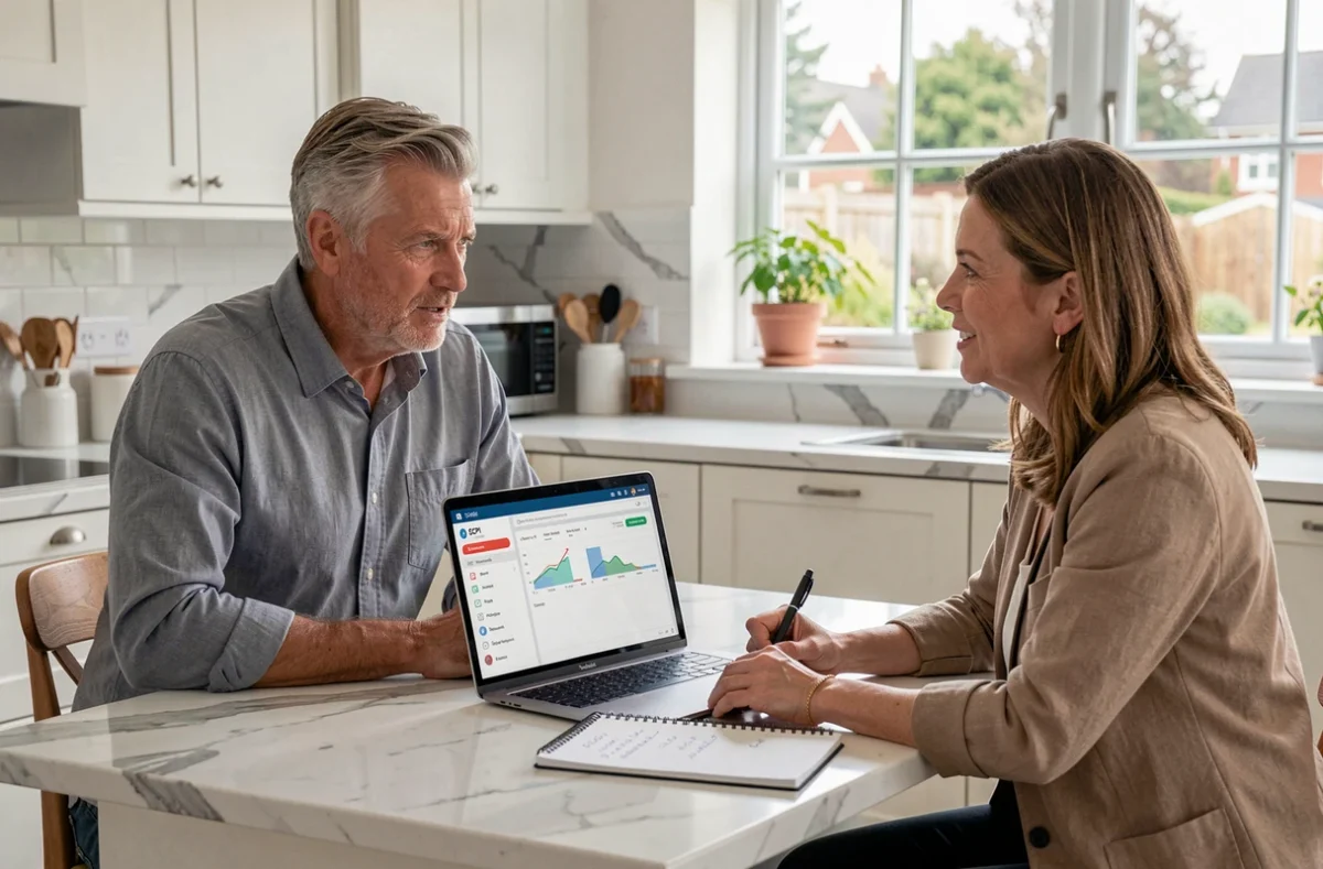 Couple discutant de leur investissement en SCPI autour d'un ordinateur portable avec tableau de bord de portefeuille immobilier