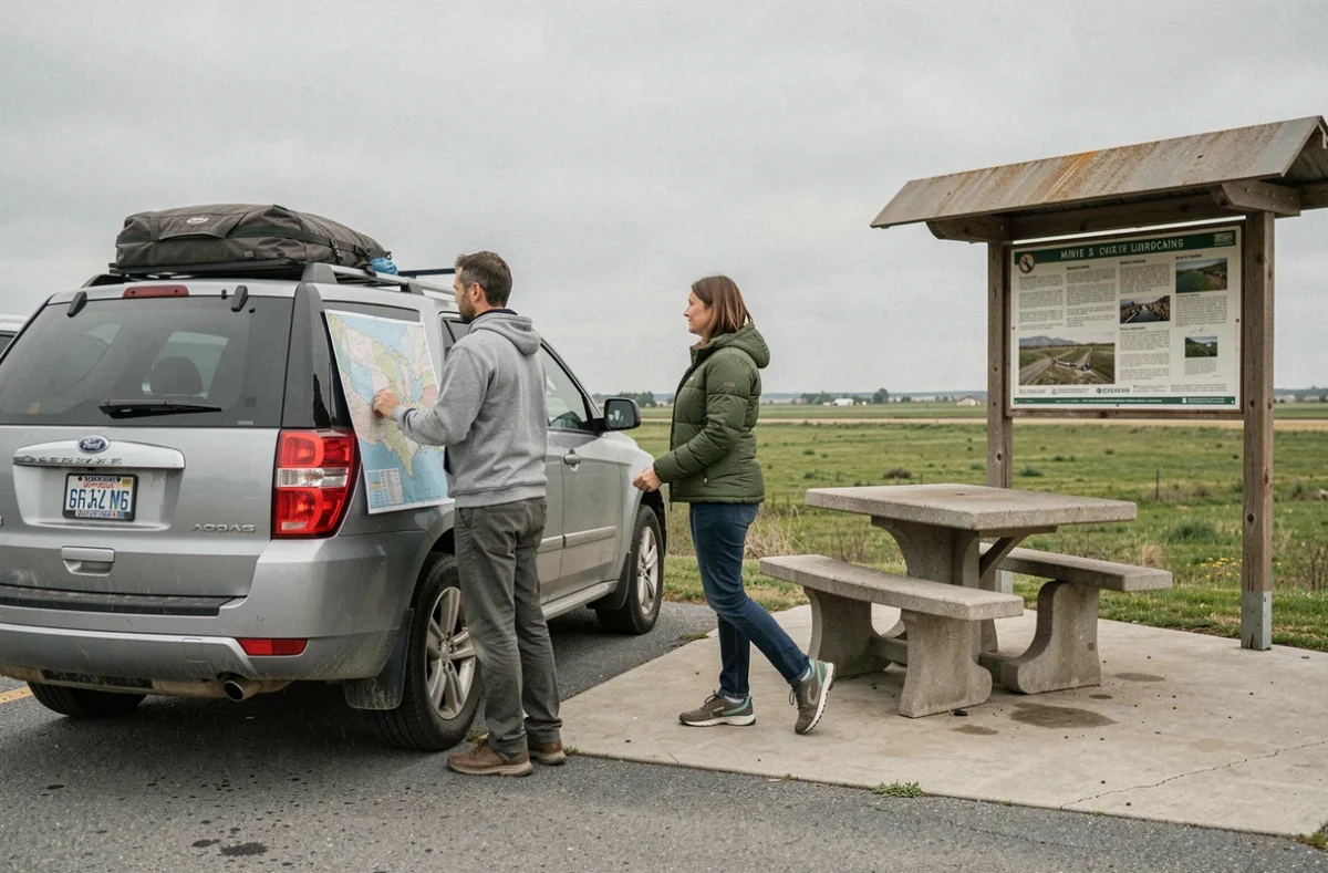Couple faisant une pause dans une aire de repos lors d'un road trip à travers le Midwest américain