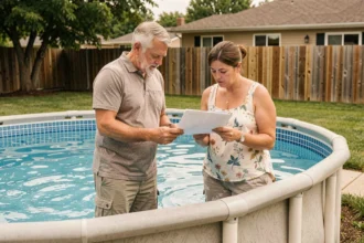 Couple consultant un document réglementaire au bord d'une piscine hors-sol dans un jardin résidentiel