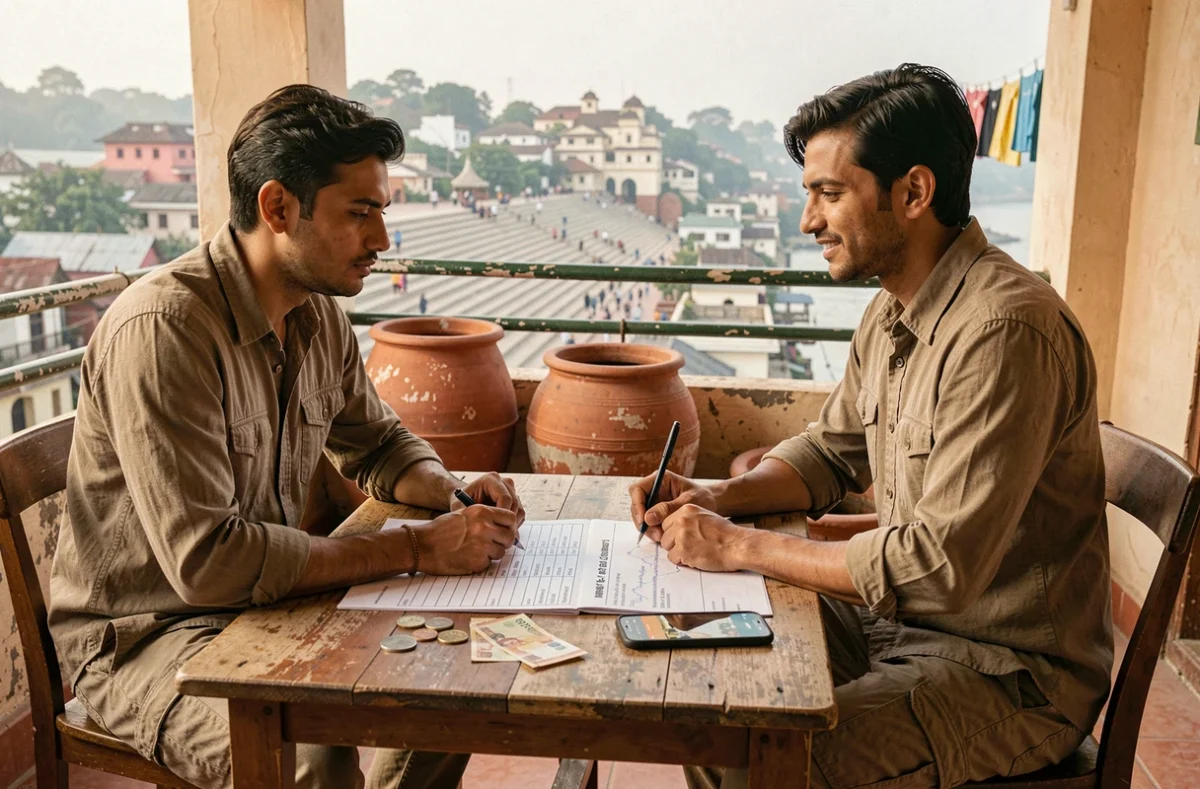 Couple de voyageurs planifiant leur budget de 3 semaines en Inde sur une terrasse avec vue sur les ghats de Varanasi