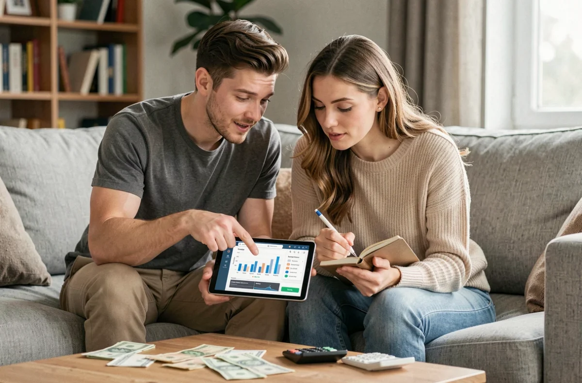 Couple planifiant ensemble leur épargne sur une tablette numérique dans leur salon