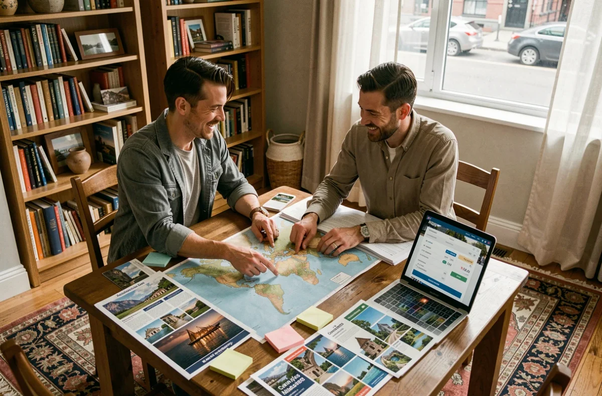 Couple planifiant un voyage ensemble autour d'une table avec une carte du monde et un ordinateur portable