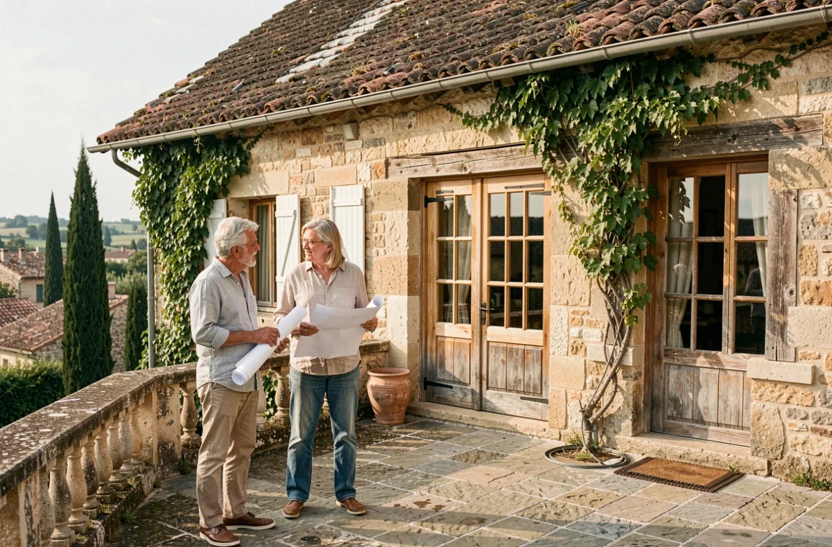 Couple de propriétaires discutant de leur projet de rénovation devant leur résidence secondaire en Provence