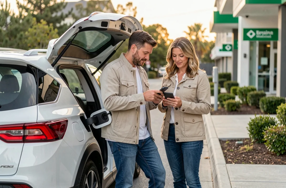 Couple utilisant une borne de recharge pour leur SUV hybride dans une station moderne en banlieue