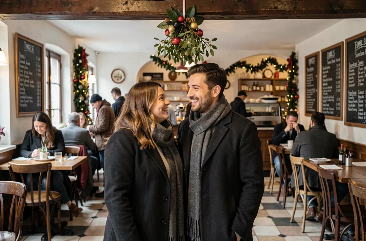 Couple souriant sous une branche de gui accrochée dans un bistrot français décoré pour les fêtes de fin d'année