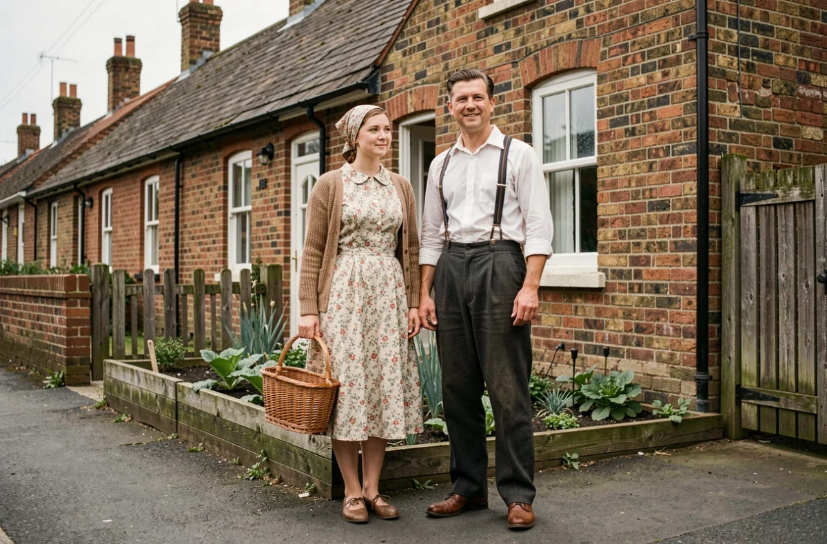 Couple en tenues quotidiennes des années 1940, robe fleurie et salopette ouvrière, devant une maison en brique typique de l'époque