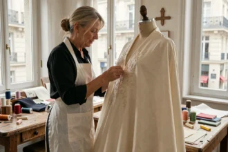 Couturière parisienne brodant à la main une robe haute couture en soie ivoire dans un atelier traditionnel
