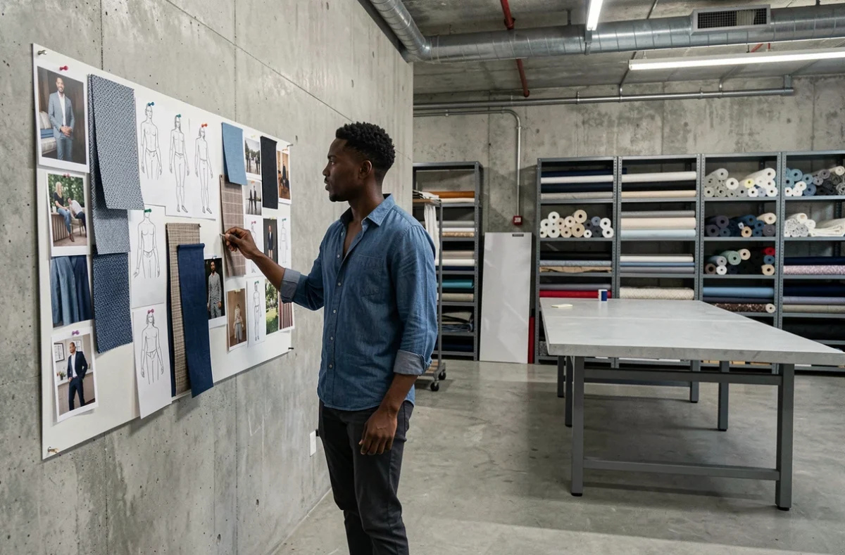 Jeune créateur de mode étudiant un moodboard dans un studio de design contemporain