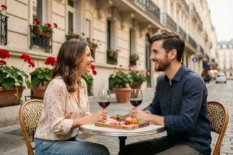 Couple en rendez-vous romantique en terrasse de bistrot parisien avec un verre de vin et une planche de charcuterie