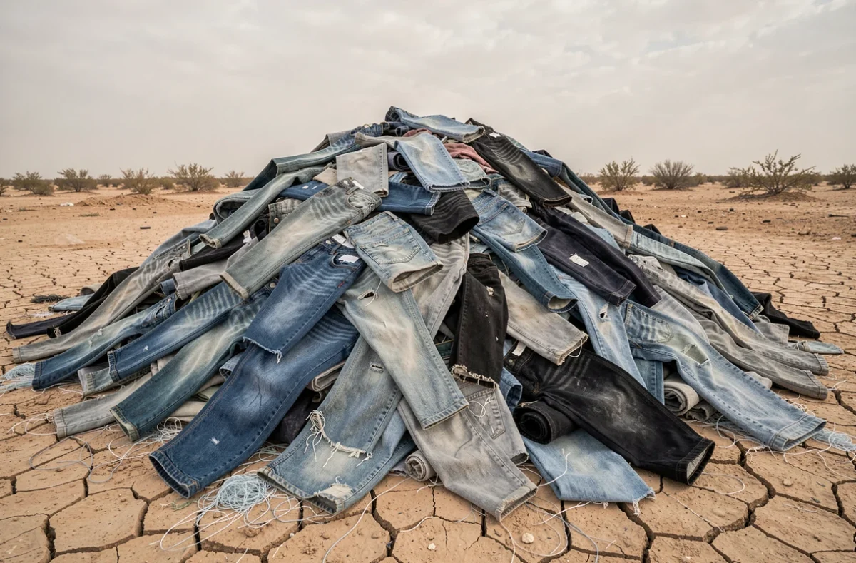 Immense tas de jeans usagés abandonnés dans un paysage aride et désertique, illustrant le problème des déchets textiles et l'impact écologique du denim
