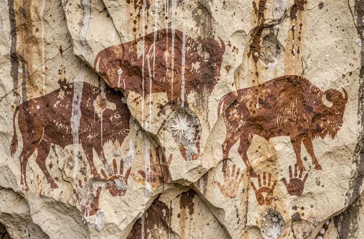 Détail de peintures rupestres préhistoriques représentant des bisons en ocre rouge sur paroi de grotte calcaire