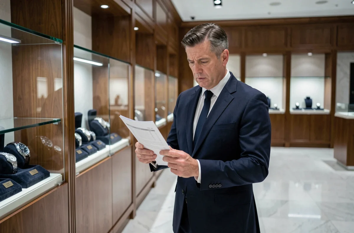 Directeur de boutique de luxe analysant un rapport de ventes en baisse dans un showroom de montres haut de gamme vide