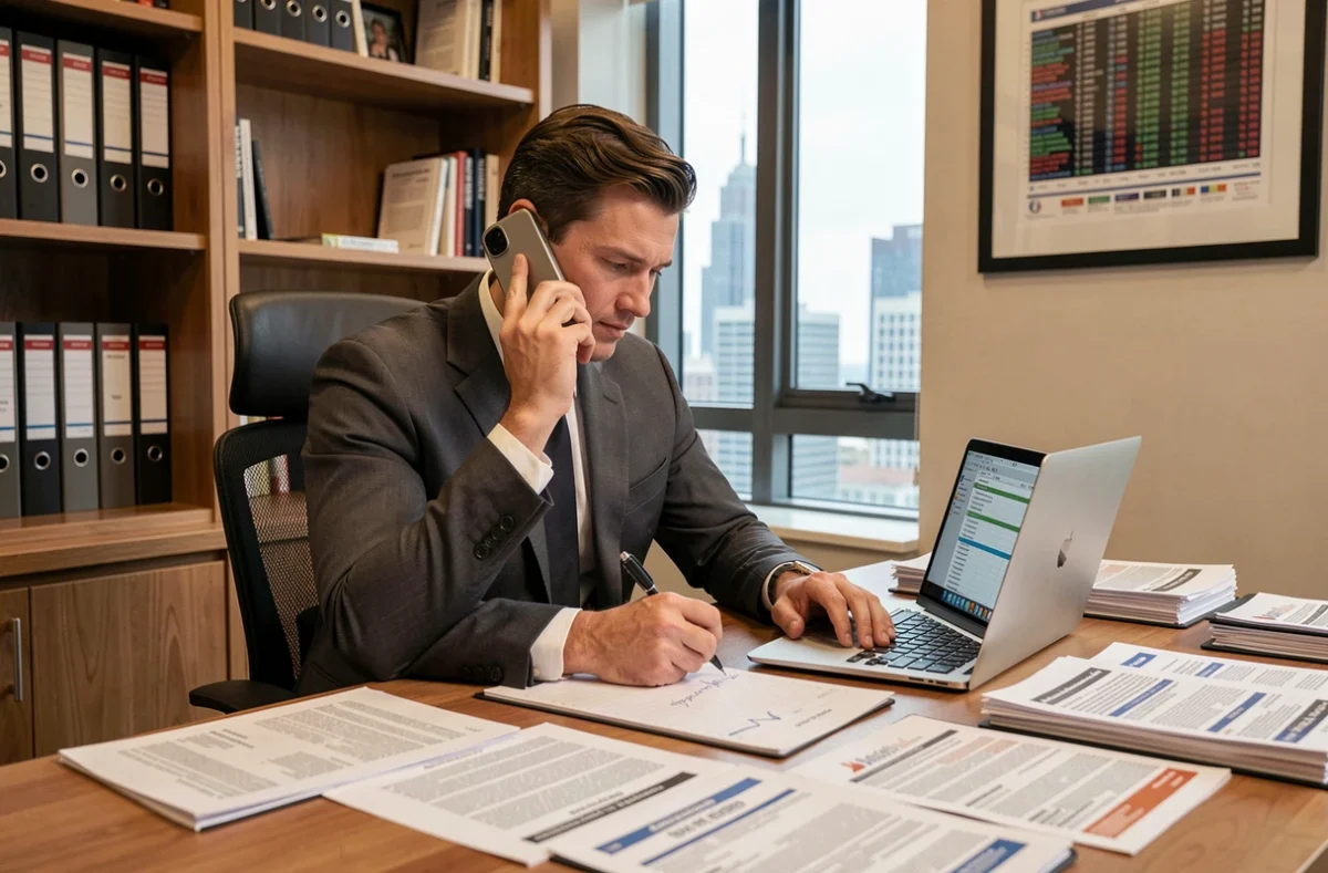 Directeur des relations investisseurs travaillant au téléphone dans son bureau avec des rapports financiers