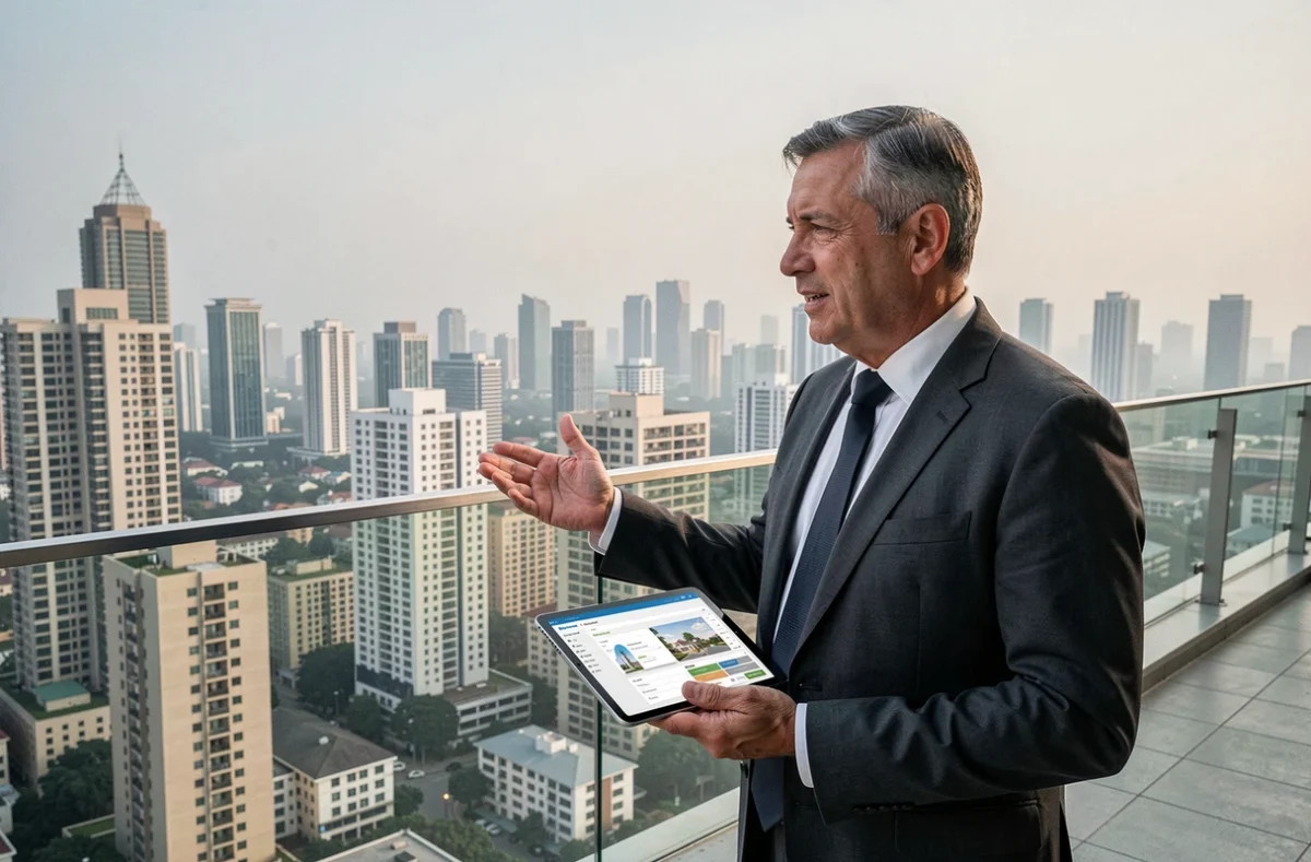 Dirigeant immobilier en costume sur un toit terrasse de gratte-ciel observant le panorama urbain avec un portefeuille de biens immobiliers sur tablette