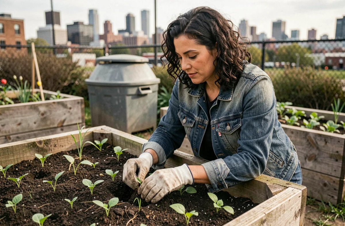 Femme plantant des semis dans un jardin urbain communautaire illustrant la durabilité environnementale