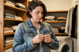 Femme examinant l'usure d'une veste en jean dans une buanderie, illustrant la durée de vie des vêtements