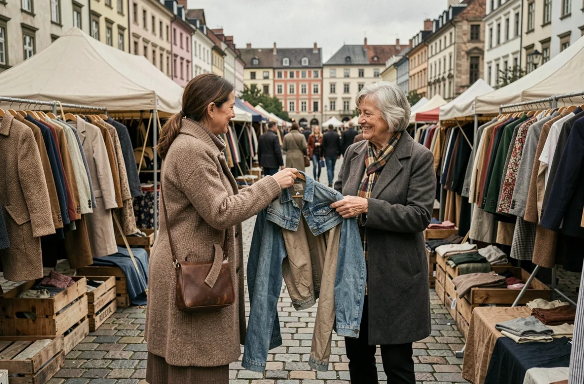 Deux femmes échangeant des vêtements de seconde main sur un marché de rue illustrant la réutilisation dans l'économie circulaire