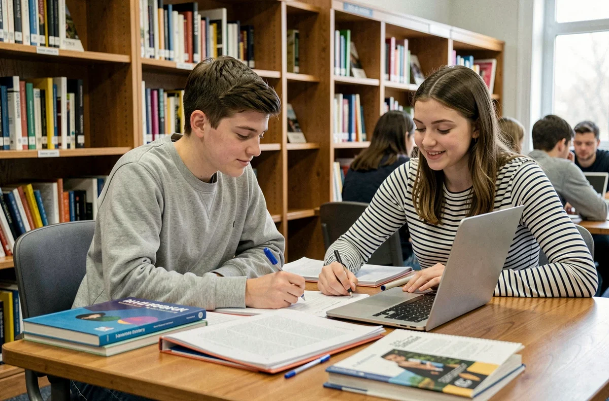 Deux élèves de 4e travaillant ensemble dans une bibliothèque scolaire avec des livres et un ordinateur portable sur la table
