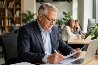 Employé expérimenté de plus de 57 ans travaillant dans un bureau moderne, illustrant l'emploi des seniors