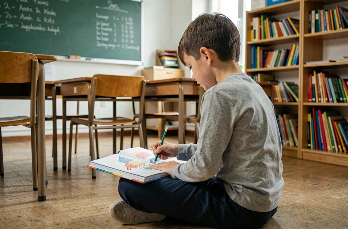 Garçon assis seul dans un coin de classe en train de dessiner, symbolisant l'isolement et la fragilité psychologique de l'enfant en milieu scolaire