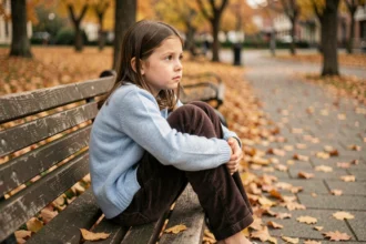 Jeune fille assise seule sur un banc de parc en automne, exprimant une attitude pensive illustrant la vulnérabilité émotionnelle de l'enfant