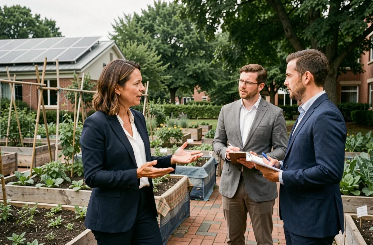 Professionnelle présentant un jardin communautaire d'entreprise à ses collègues, illustrant l'engagement environnemental de la RSE
