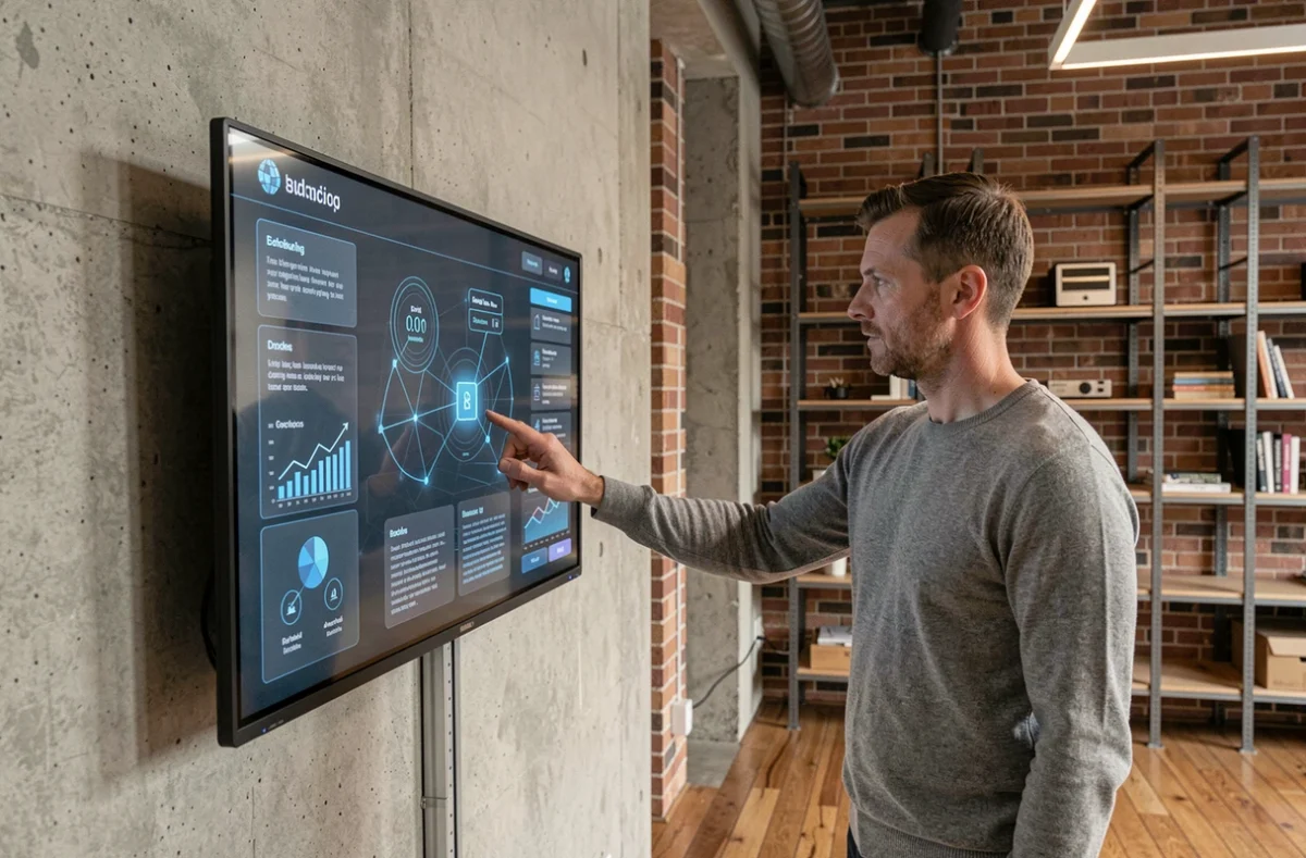Un entrepreneur tech interagissant avec une interface bancaire numérique sur un écran tactile dans un loft moderne