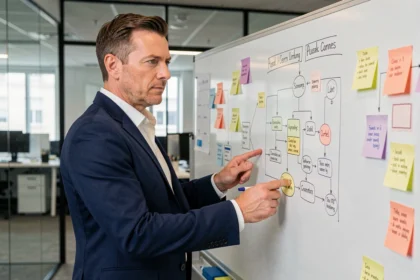 Entrepreneur masculin en blazer navy analysant un plan d'affaires structuré sur un tableau blanc dans un bureau moderne