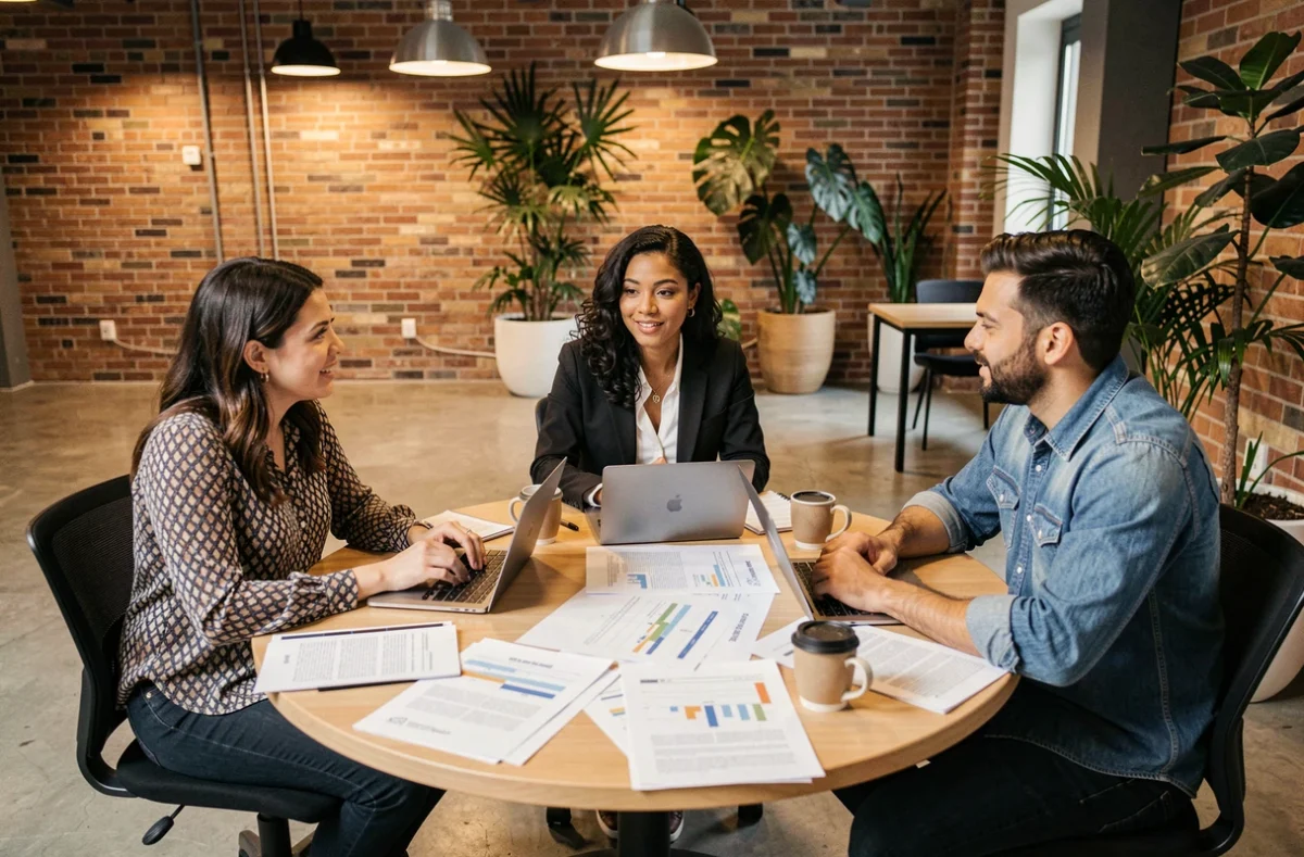 Équipe de chefs de projet en réunion collaborative autour d'une table dans un espace de coworking moderne