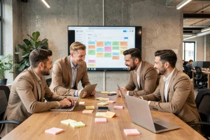 Équipe de professionnels collaborant autour d'une table de réunion avec des outils collaboratifs numériques affichés sur un écran
