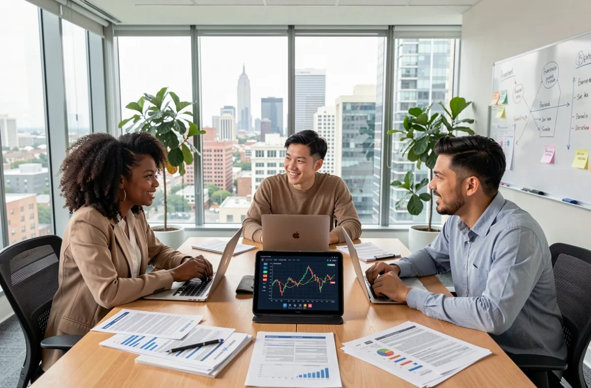 Une équipe multiculturelle de jeunes professionnels collaborant autour de données fintech dans un espace de coworking urbain