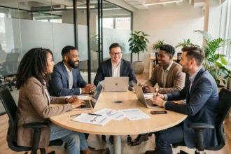 Équipe multiculturelle et diversifiée en réunion autour d'une table de conférence moderne en entreprise