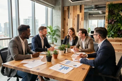 Équipe de professionnels diversifiée discutant des piliers de la RSE autour d'une table de conférence en bois dans un bureau moderne et écologique