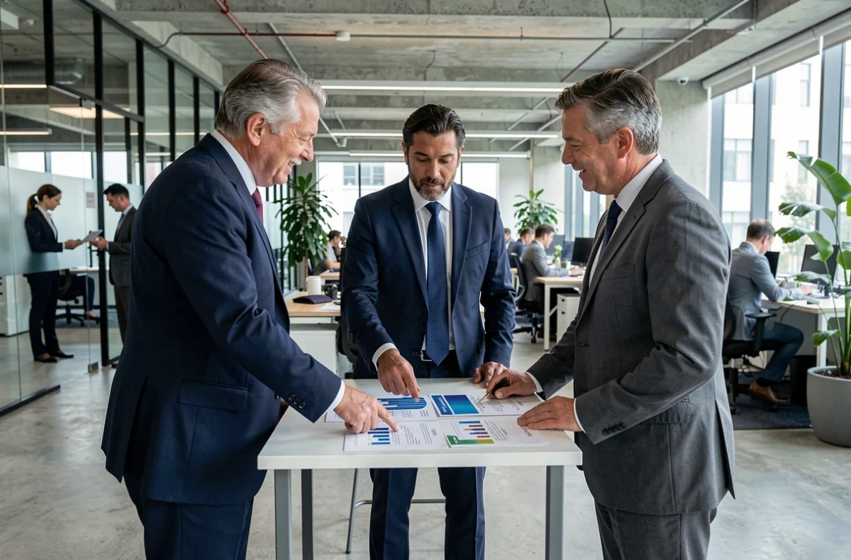 Équipe de relations investisseurs en discussion collaborative dans un bureau moderne de société financière