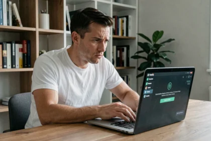 Homme frustré devant un ordinateur portable affichant une erreur de transaction Bitcoin sur un portefeuille blockchain