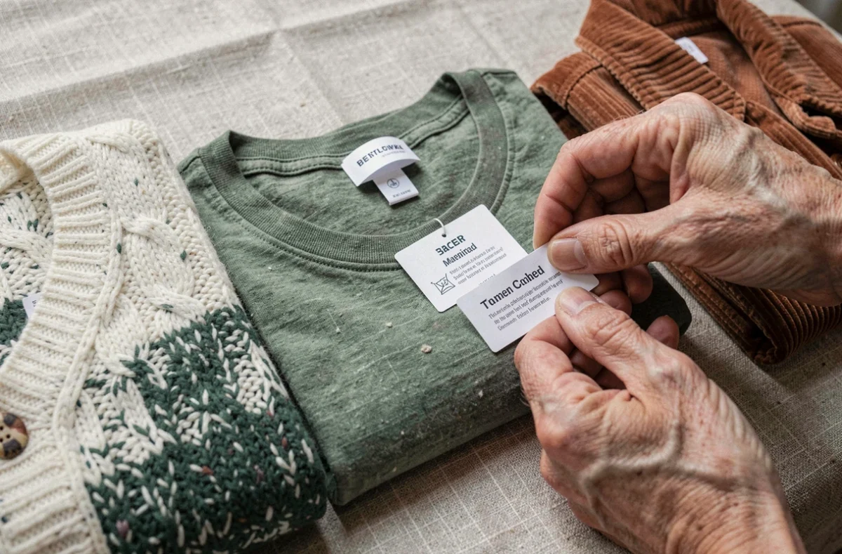 Présentation de vêtements écoresponsables avec étiquettes de composition sur une surface en lin brut, mettant en valeur les matières durables et recyclées