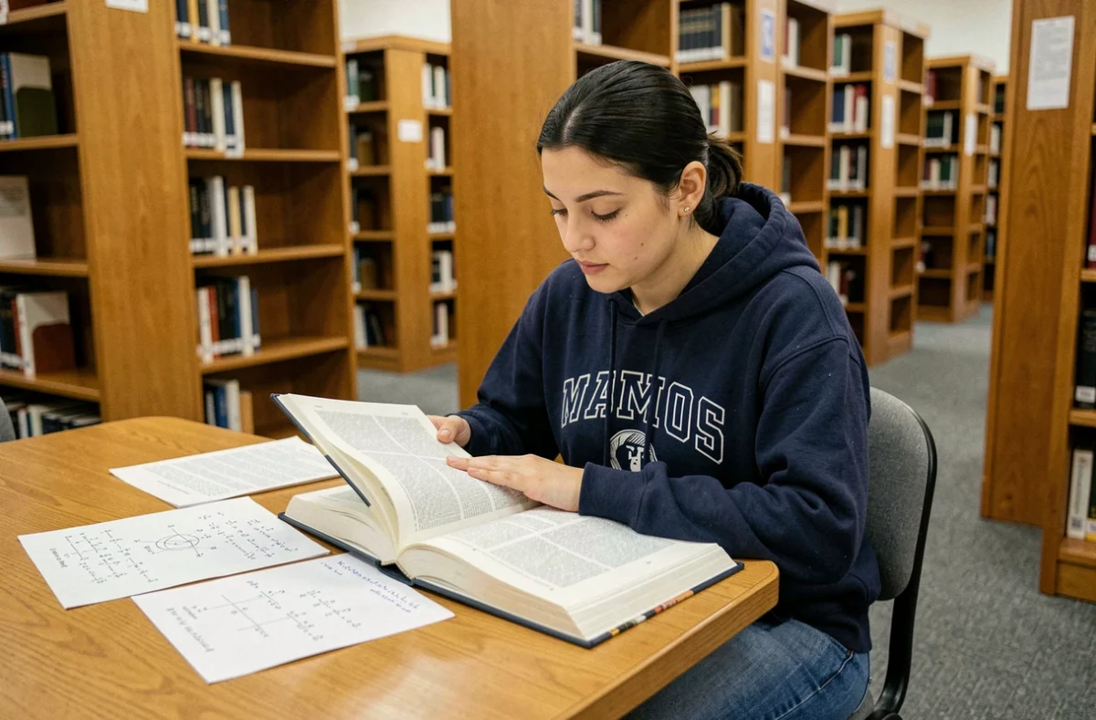 Étudiante lisant un manuel de physique sur la thermodynamique du vide dans une bibliothèque